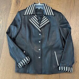 Black Leather Jacket with Striped Collar